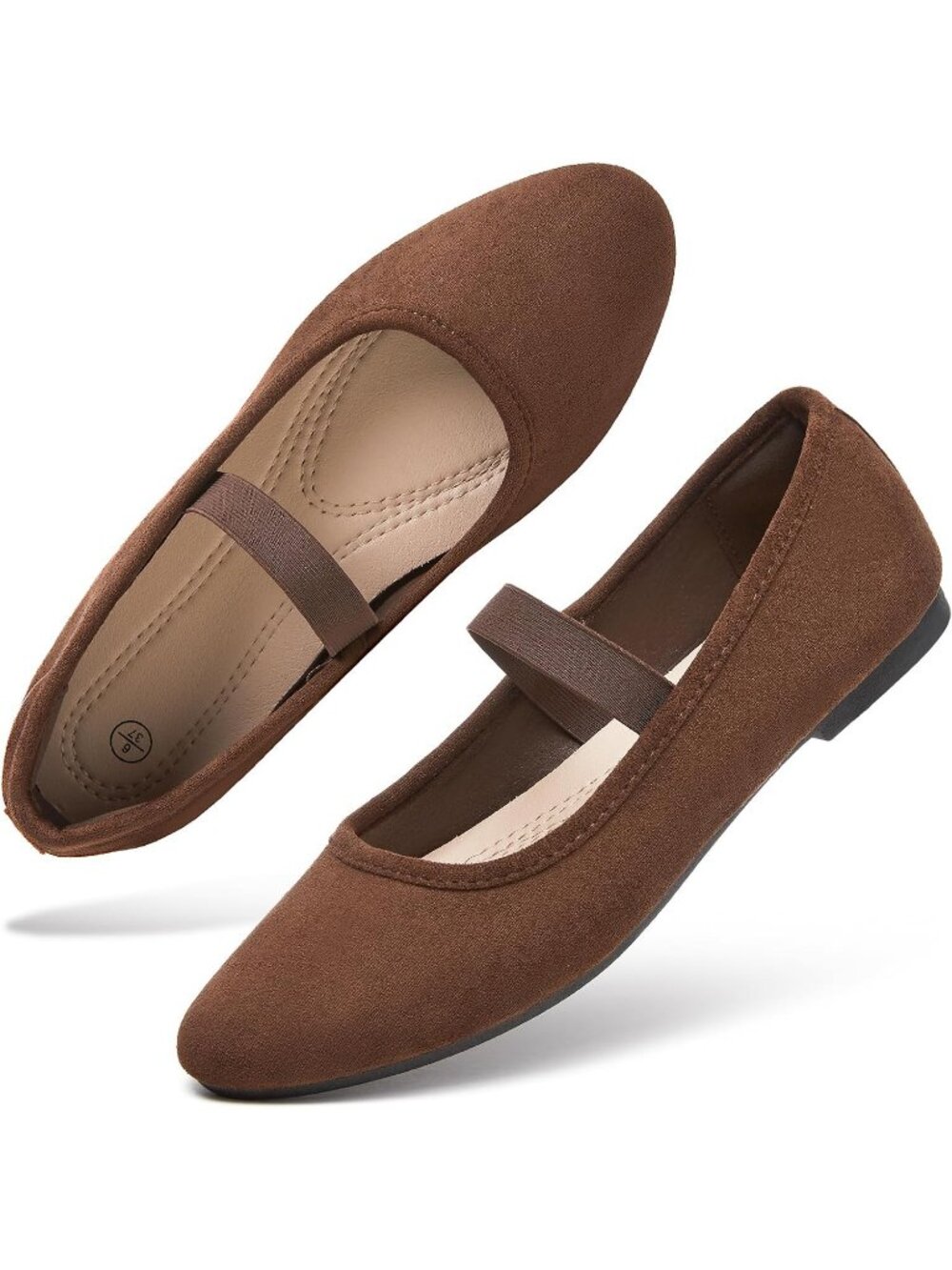 Women's Tan Suede Mary Janes Ballet Flats Memory Foam Elastic Strap Dress Shoes